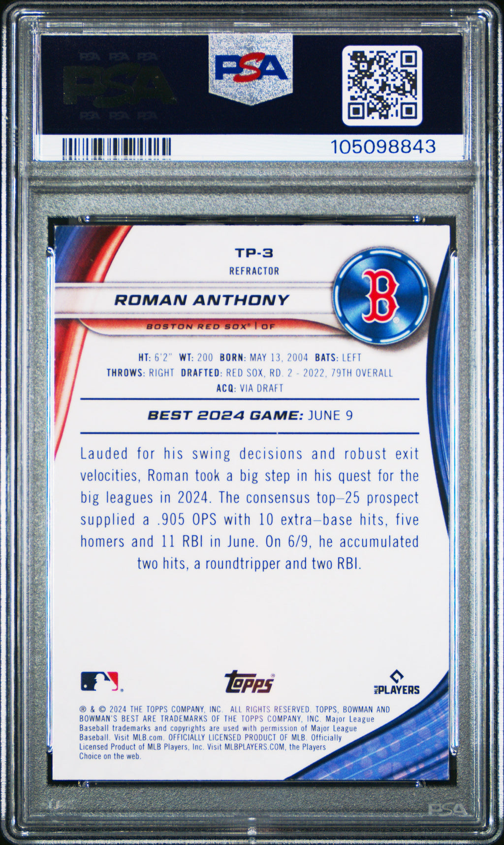 Graded 2024 Topps Bowmans Best Roman Anthony #TP3 Top Prospects Refractor Rookie RC Baseball Card PSA 10 Gem Mint