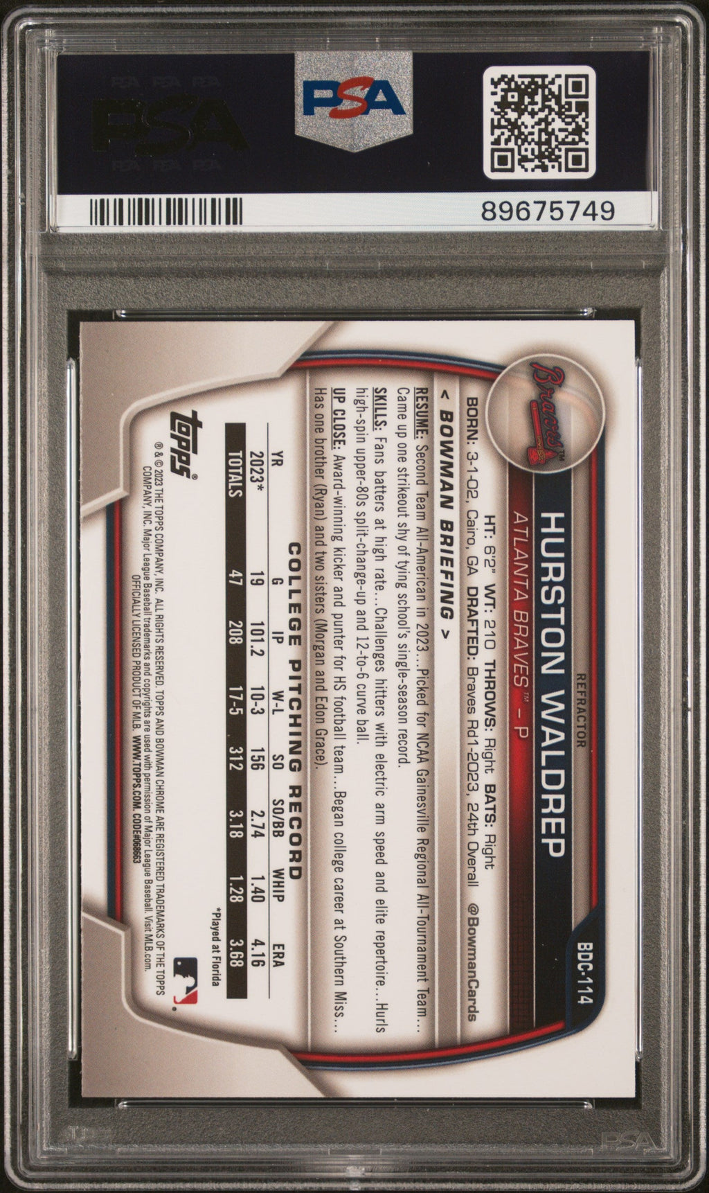 Graded 2023 Topps Bowman Draft Hurston Waldrep #BDC114 Chrome Refractor Rookie RC Baseball Card PSA 10 Gem Mint