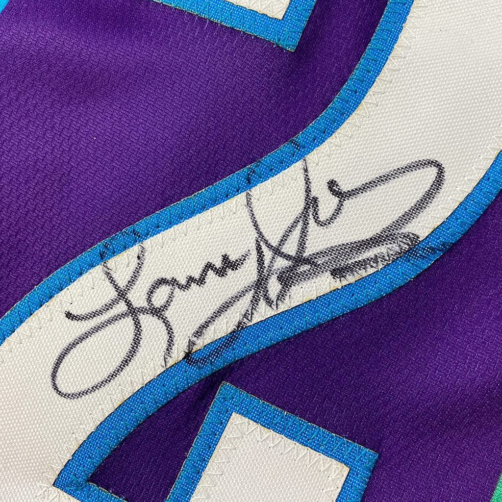 Framed Autographed/Signed Larry Johnson 35x39 Charlotte Purple Basketball Jersey JSA COA