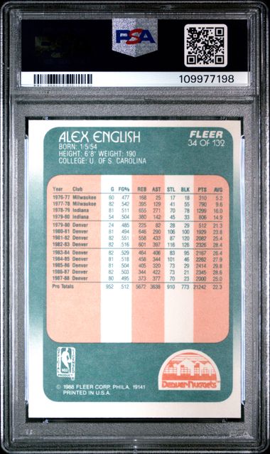 Graded 1988 Fleer Alex English #34 Basketball Card PSA 6 EX-MT