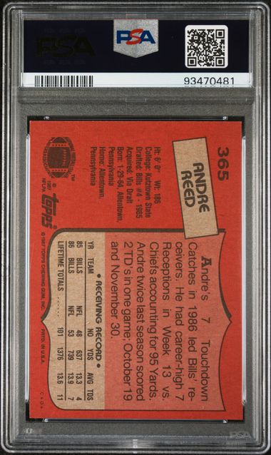 Graded 1987 Topps Andre Reed #365 2nd Year Football Card PSA 8 NM-MT