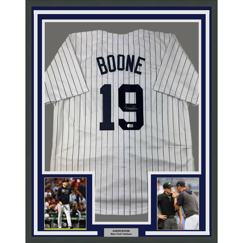 Framed Autographed/Signed Aaron Boone 35x39 New York Pinstripe Baseball Jersey Beckett BAS COA