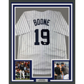 Framed Autographed/Signed Aaron Boone 35x39 New York Pinstripe Baseball Jersey Beckett BAS COA