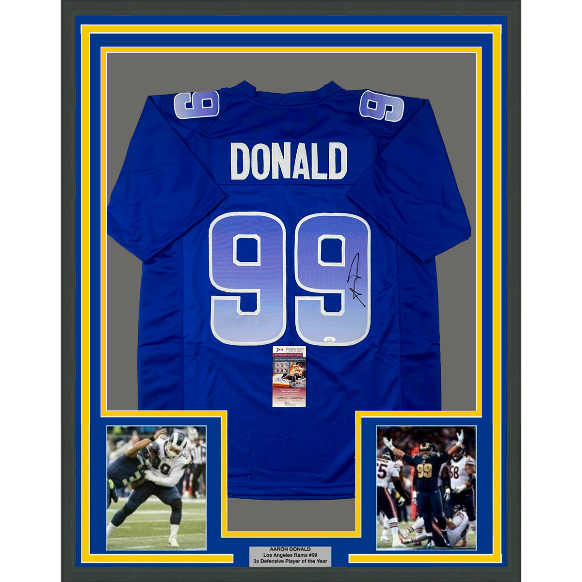 Framed Autographed/Signed Aaron Donald 35x39 Los Angeles Blue Pro Bowl Football Jersey JSA COA