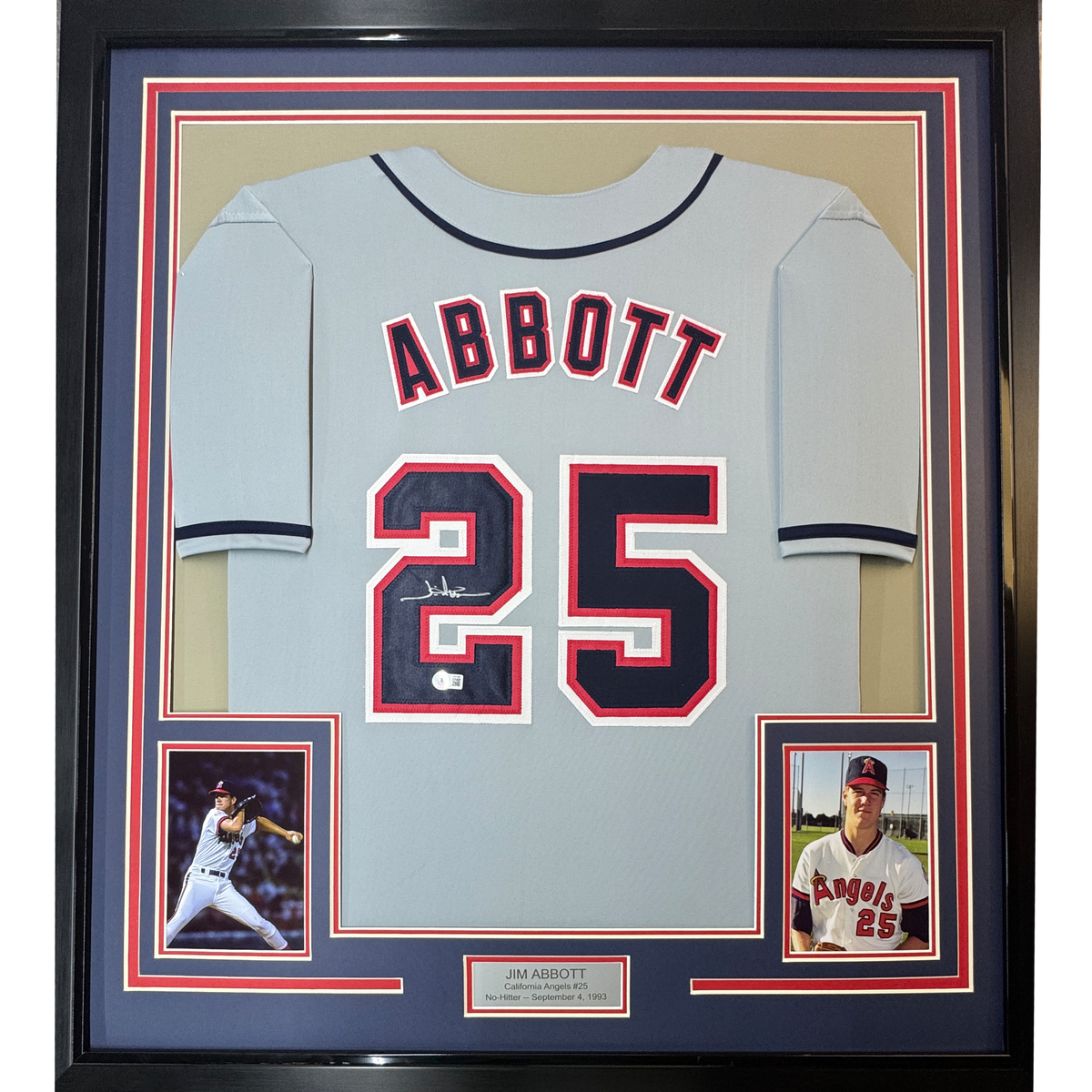 Framed Autographed/Signed Jim Abbott 35x39 California Grey Baseball Jersey Beckett BAS COA