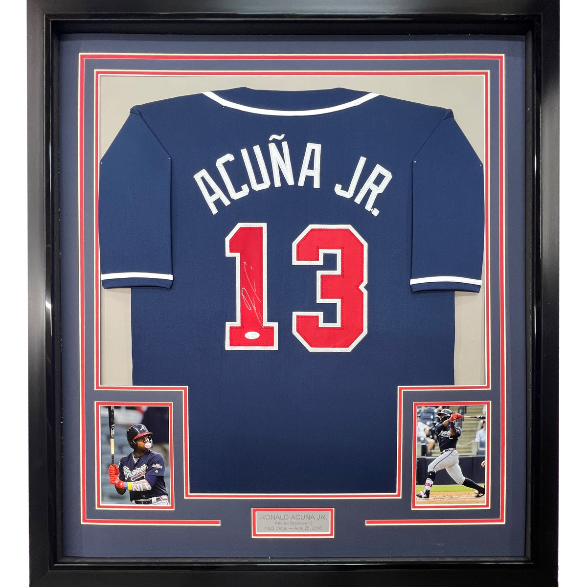 Framed Autographed/Signed Ronald Acuna Jr. 35x39 Atlanta Blue Baseball Jersey JSA COA