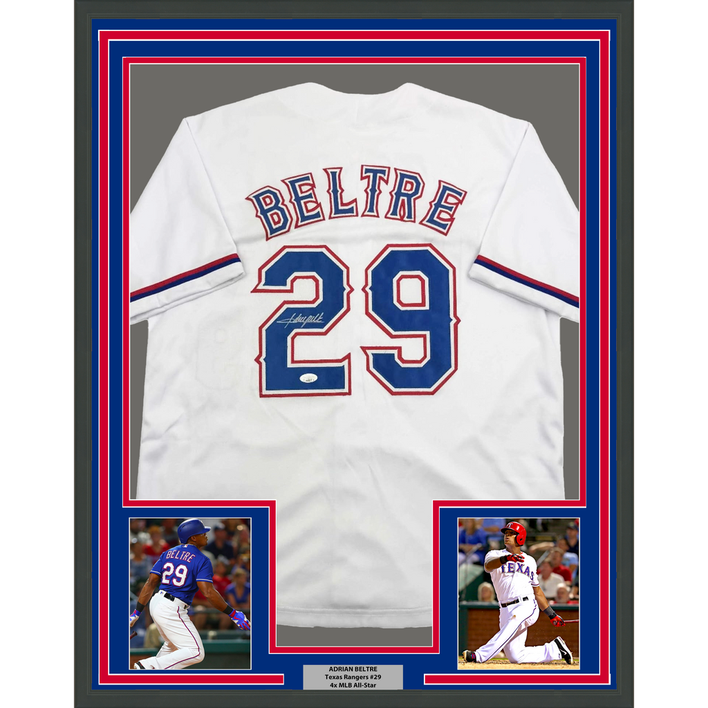 Framed Autographed/Signed Adrian Beltre 35x39 Texas White Baseball Jersey JSA COA