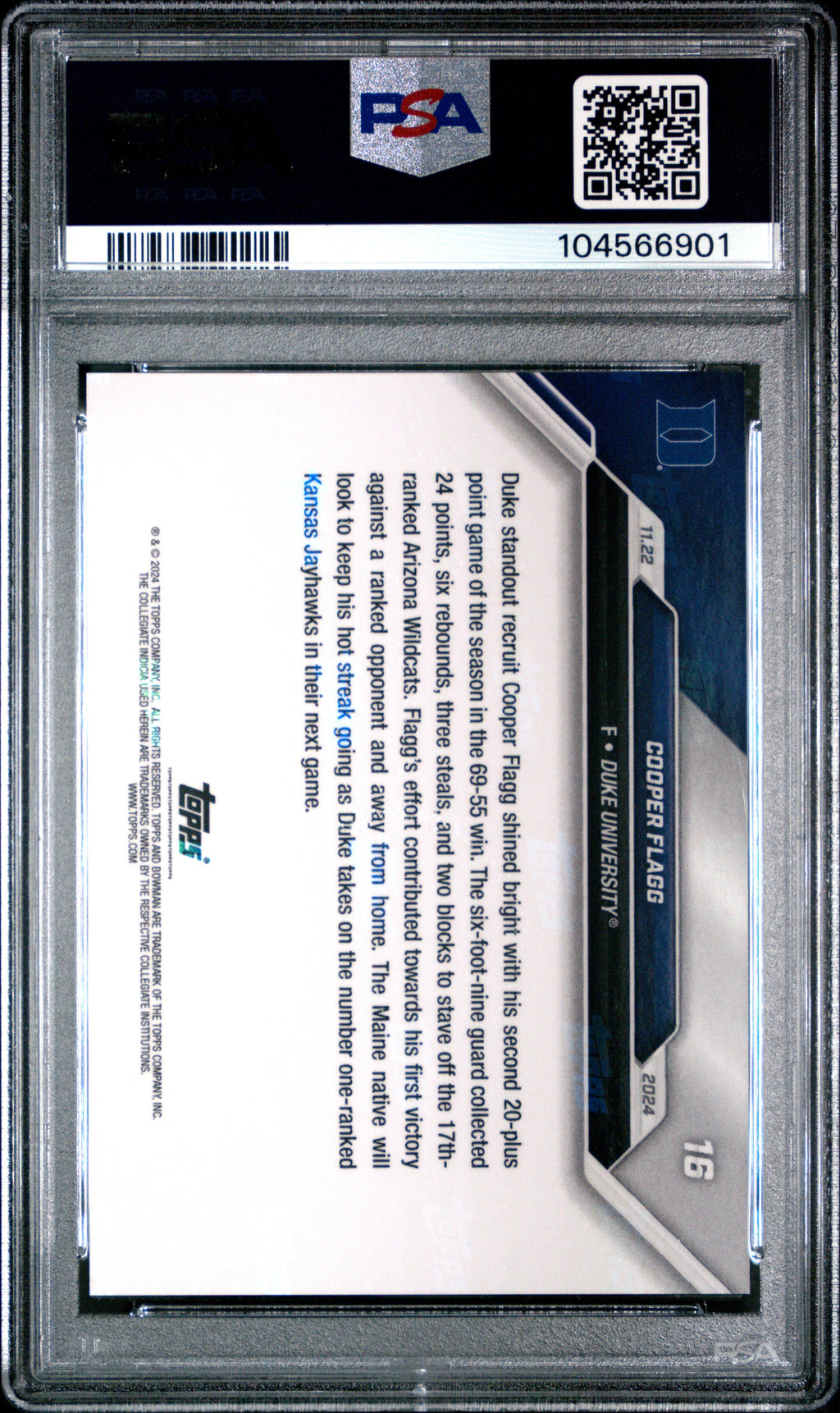 Graded 2024 Topps Bowman U Now Cooper Flagg #16 Rookie RC Basketball Card PSA 9 Mint