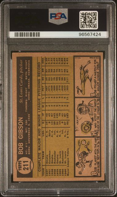 Graded 1961 Topps Bob Gibson #211 Baseball Card PSA 5 Excellent