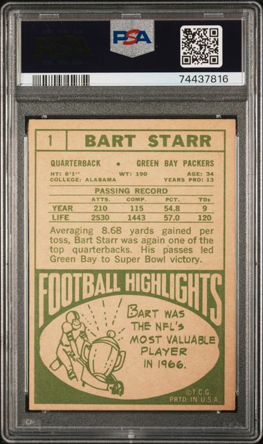 Graded 1968 Topps Bart Starr #1 Football Card PSA 4 VG-EX