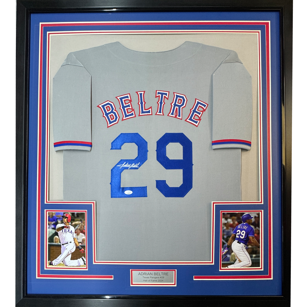 Framed Autographed/Signed Adrian Beltre 35x39 Texas Grey Baseball Jersey JSA COA