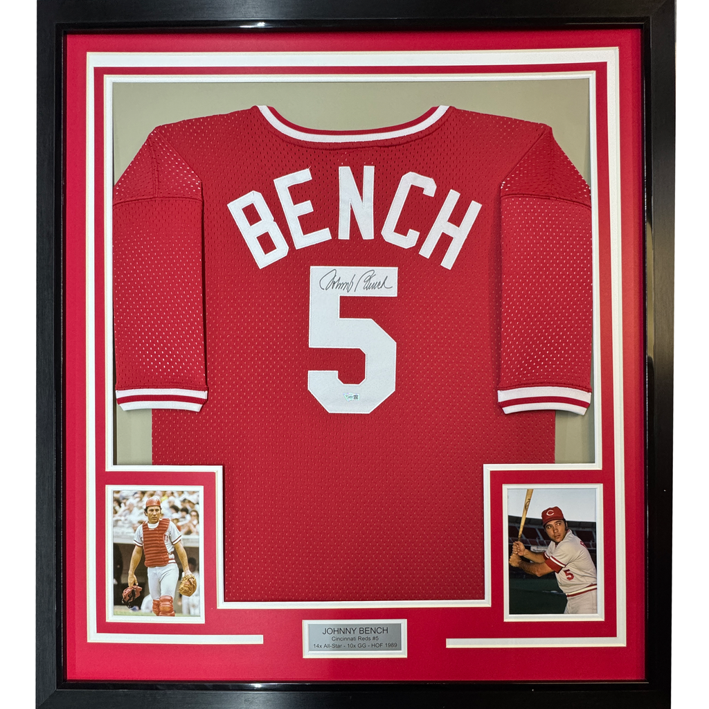 Framed Autographed/Signed Johnny Bench 35x39 Cincinnati Reds Mitchell & Ness Baseball Jersey Fanatics COA
