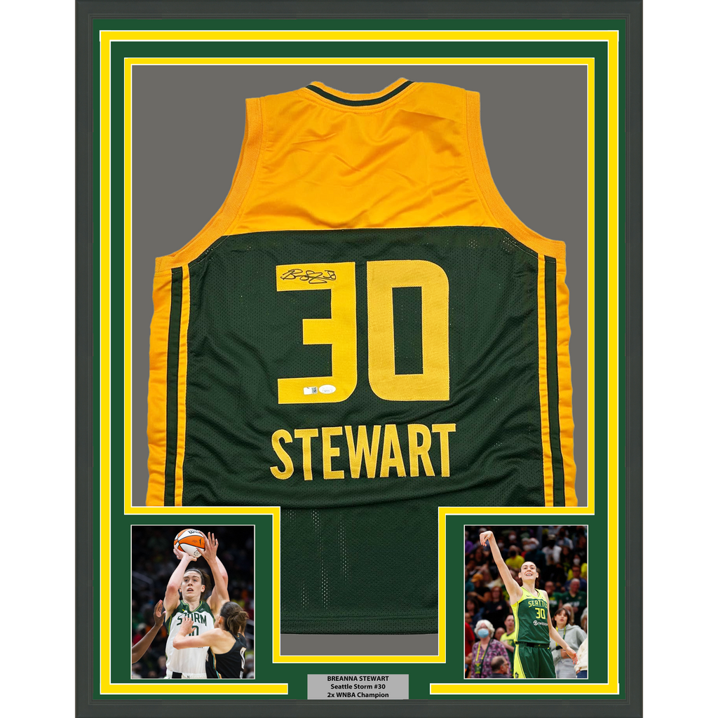Framed Autographed/Signed Breanna Stewart 35x39 Seattle Green Basketball Jersey JSA COA
