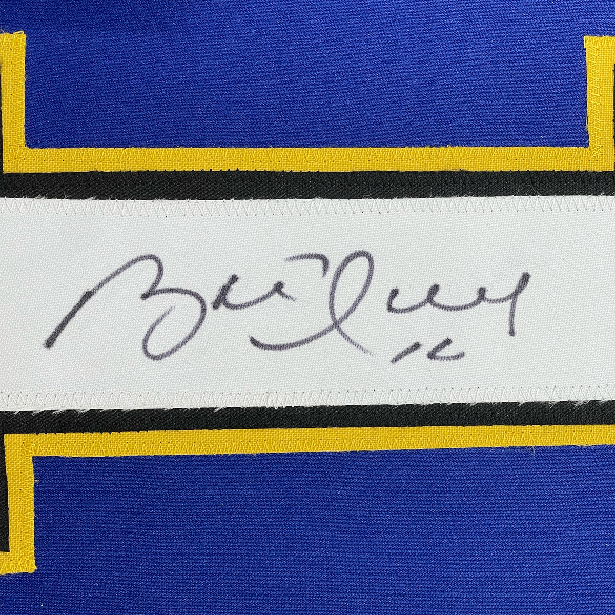 Framed Autographed/Signed Brett Hull 35x39 St. Louis Blue White Numbers Hockey Jersey JSA COA