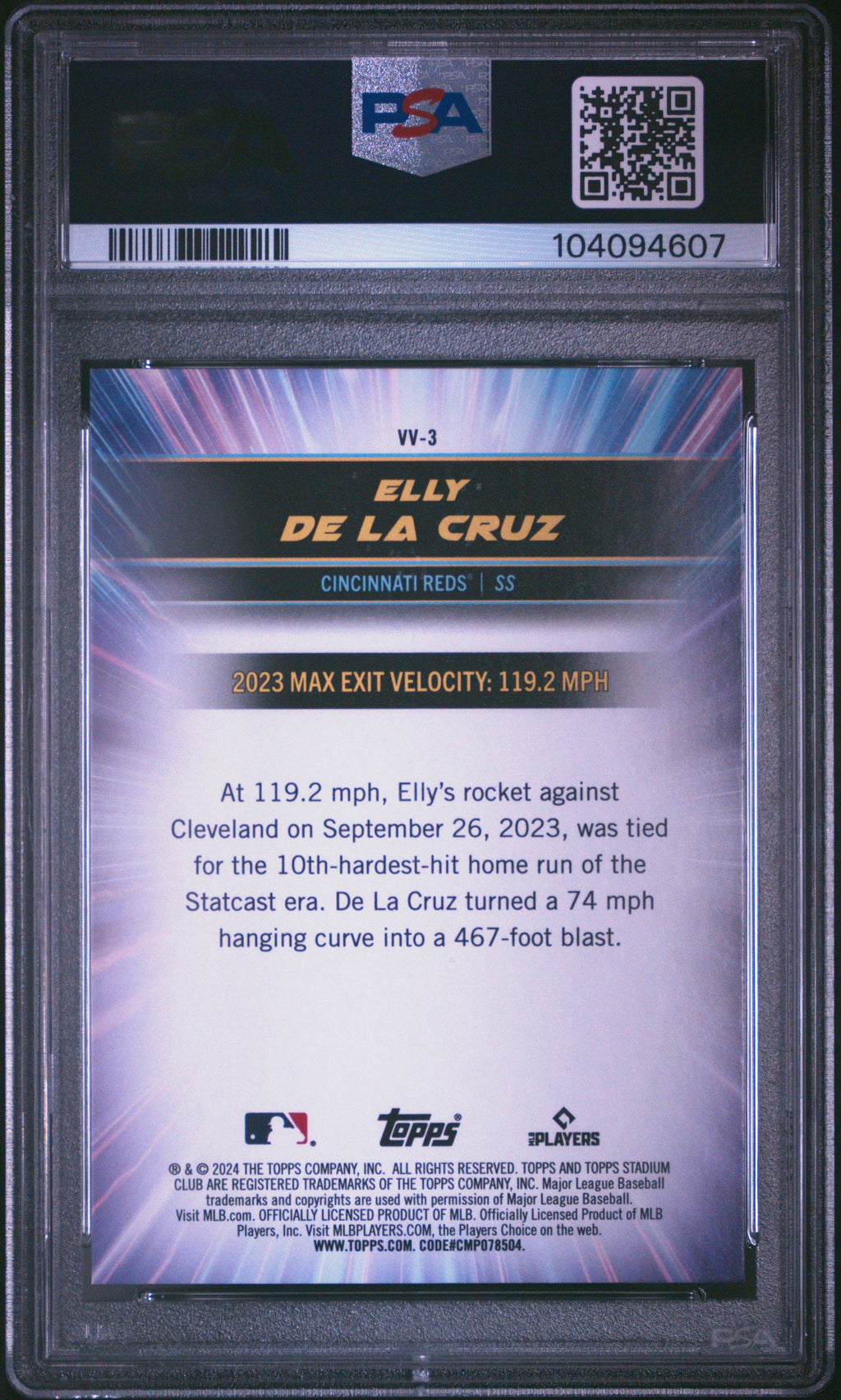 Graded 2024 Topps Stadium Club Elly De La Cruz #VV3 Virtuosos of Velocity Rookie RC Baseball Card PSA 10 Gem Mint
