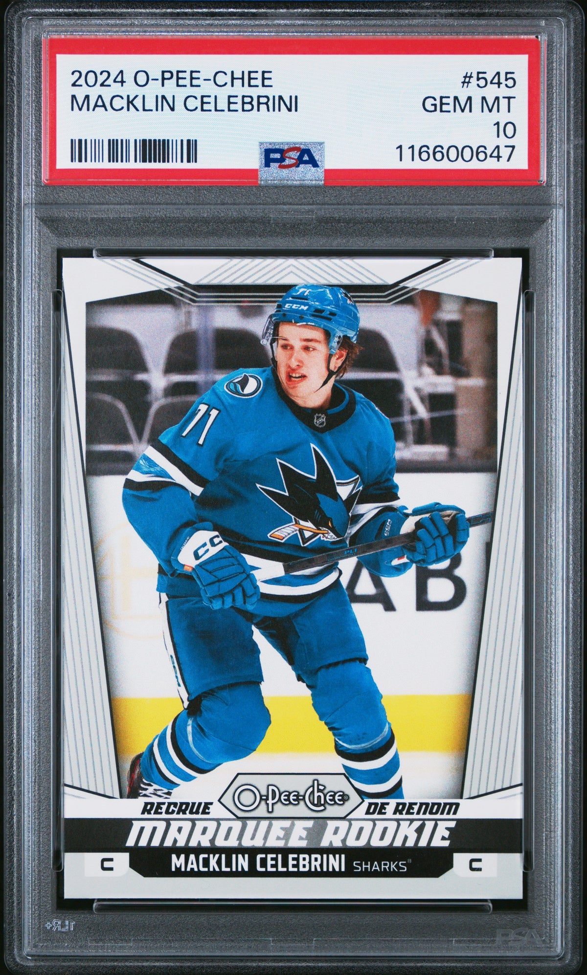 Graded 2024 Upper Deck O-Pee-Chee Macklin Celebrini #545 Rookie RC Hockey Card PSA 10 Gem Mint