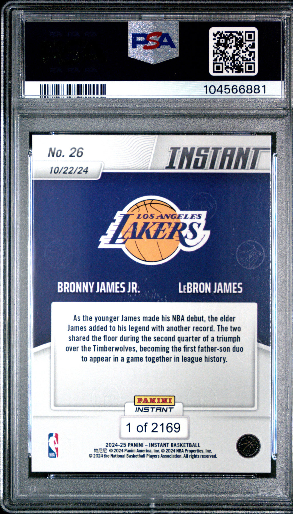 Graded 2024 Panini Instant NBA Bronny James/LeBron James #26 Basketball Card PSA 10 Gem Mint