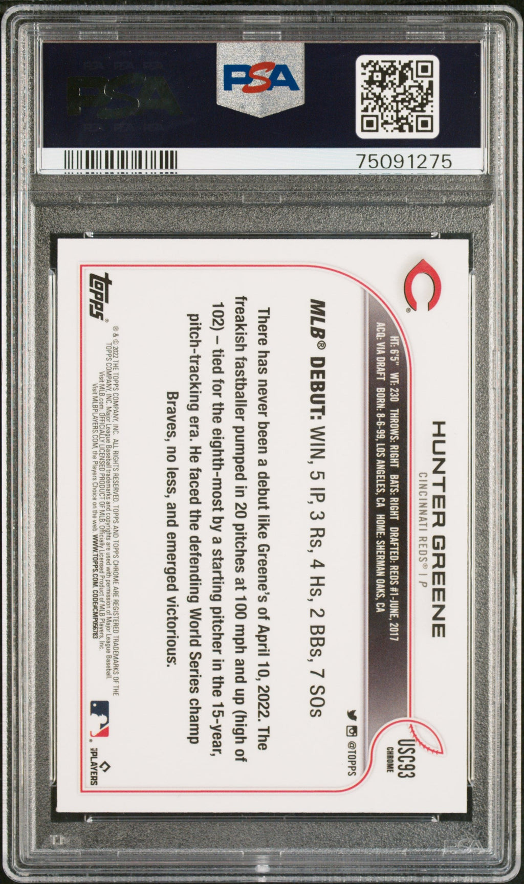 Graded 2022 Topps Chrome Update Hunter Greene #USC93 Rookie RC Baseball Card PSA 10 Gem Mint