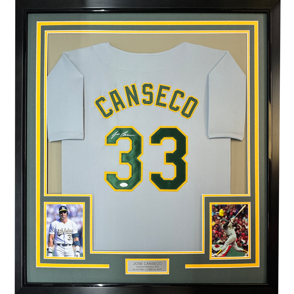 Framed Autographed/Signed Jose Canseco 35x39 Oakland Grey Baseball Jersey JSA COA