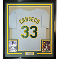 Framed Autographed/Signed Jose Canseco 35x39 Oakland Grey Baseball Jersey JSA COA