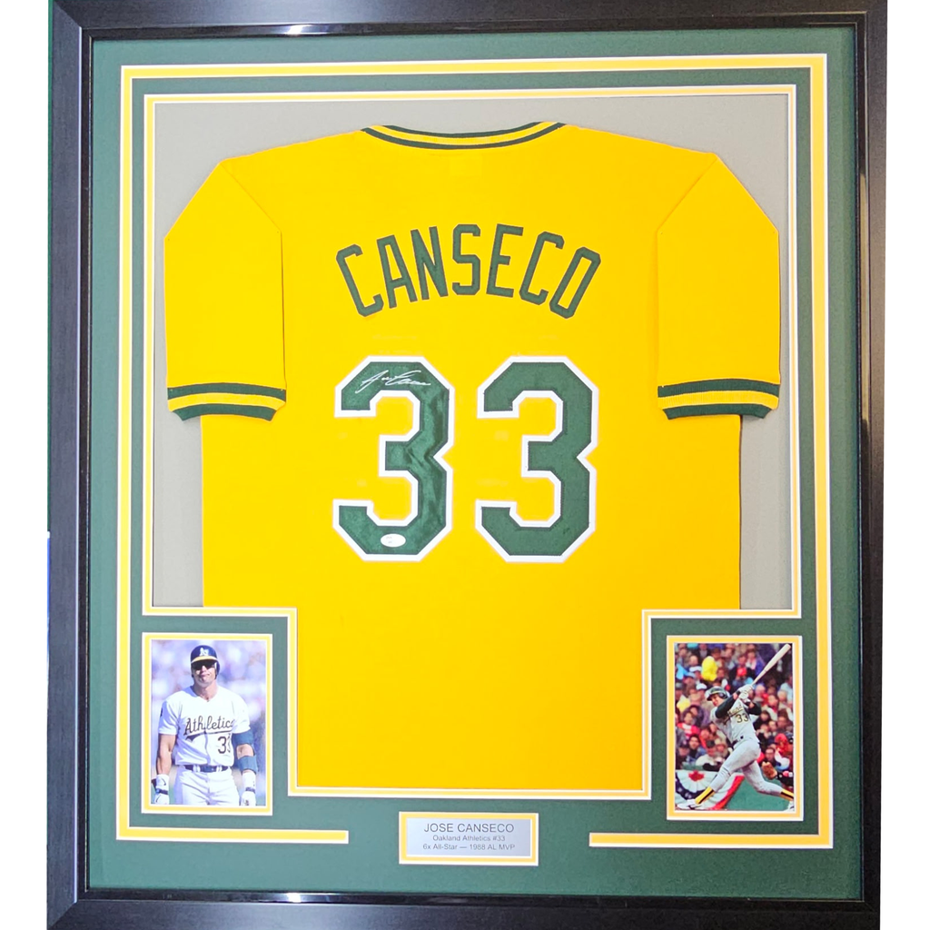 Framed Autographed/Signed Jose Canseco 35x39 Oakland Yellow Baseball Jersey JSA COA