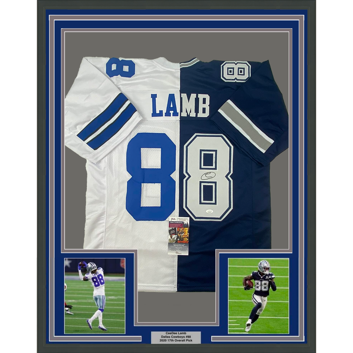 Framed Autographed/Signed CeeDee Lamb 35x39 Dallas Split White/Blue Football Jersey JSA COA