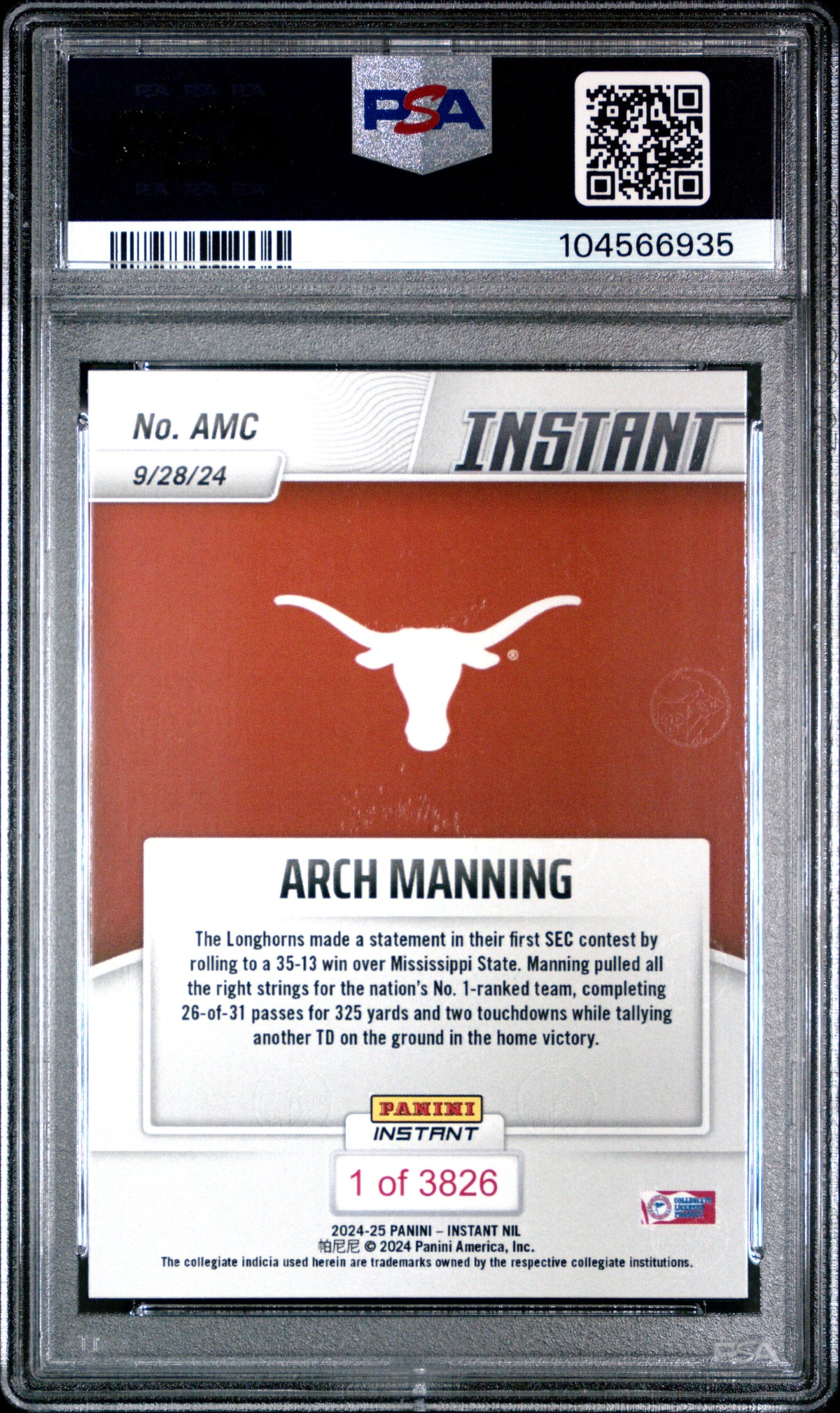 Graded 2024 Panini Instant NIL Arch Manning #AMC Rookie RC Football Card PSA 10 Gem Mint