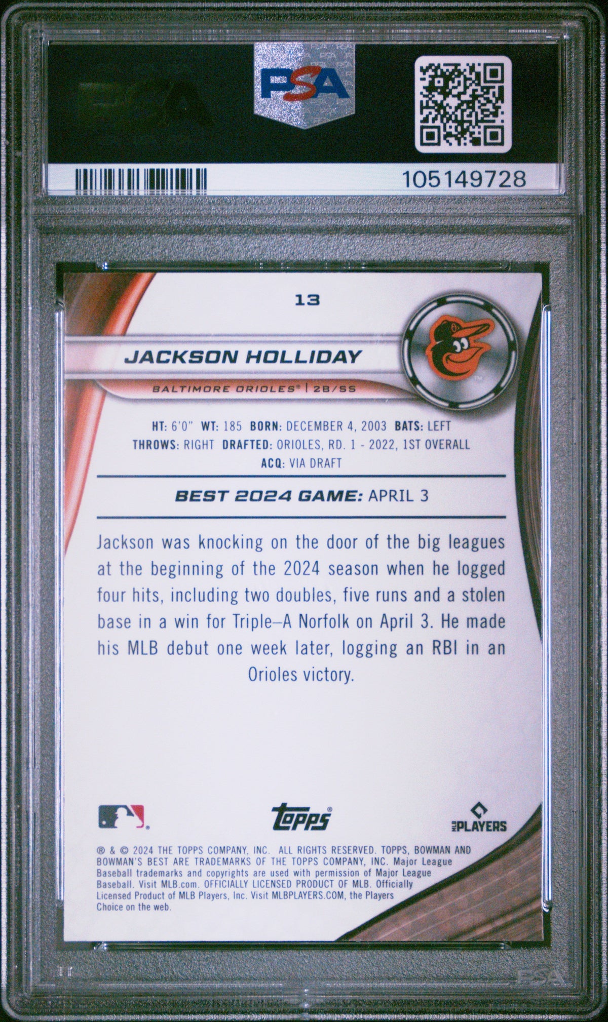 Graded 2024 Topps Bowmans Best Jackson Holliday #13 Rookie RC Baseball Card PSA 10 Gem Mint