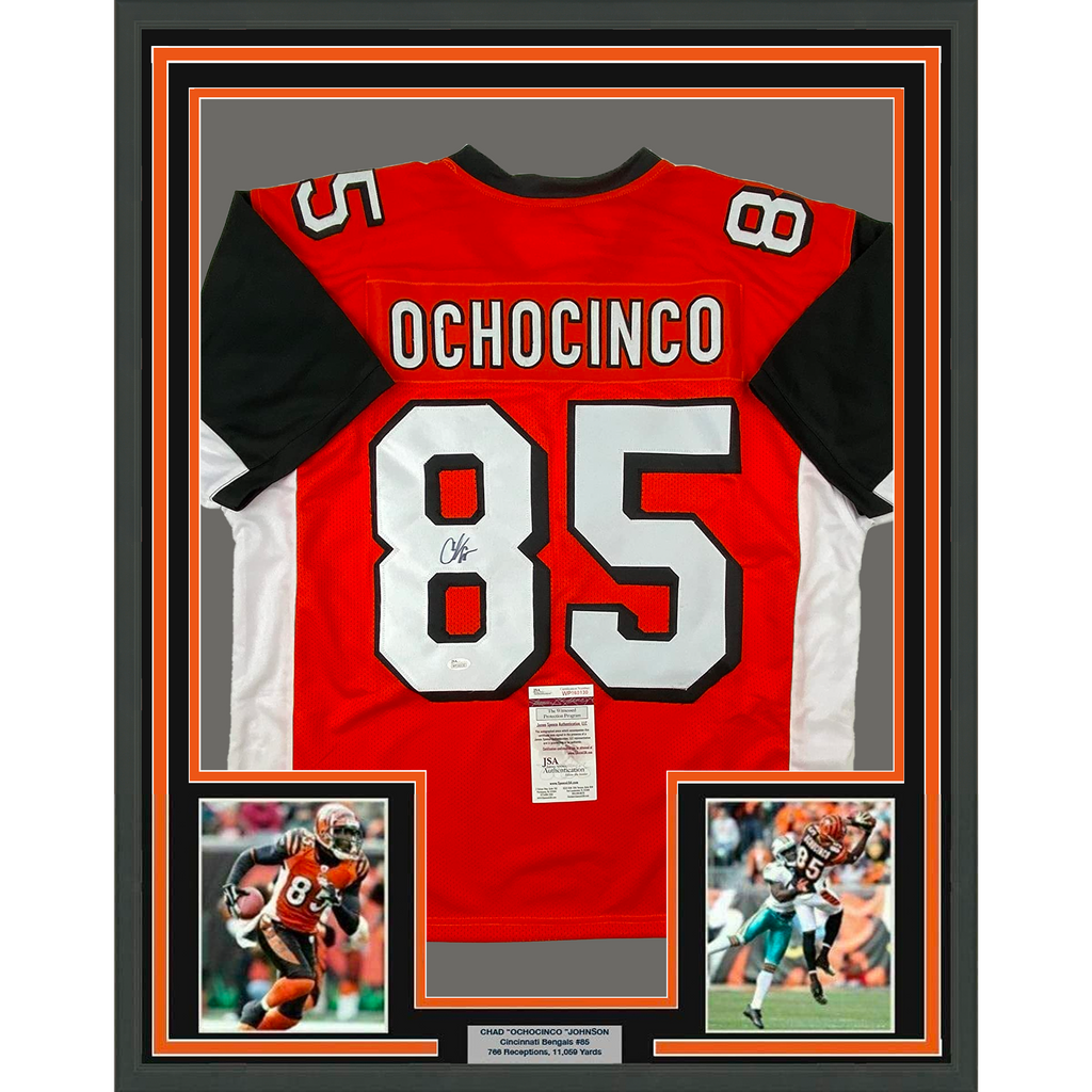 Framed Autographed/Signed Chad Johnson Ochocinco 35x39 Cincinnati Orange Retro Football Jersey JSA COA