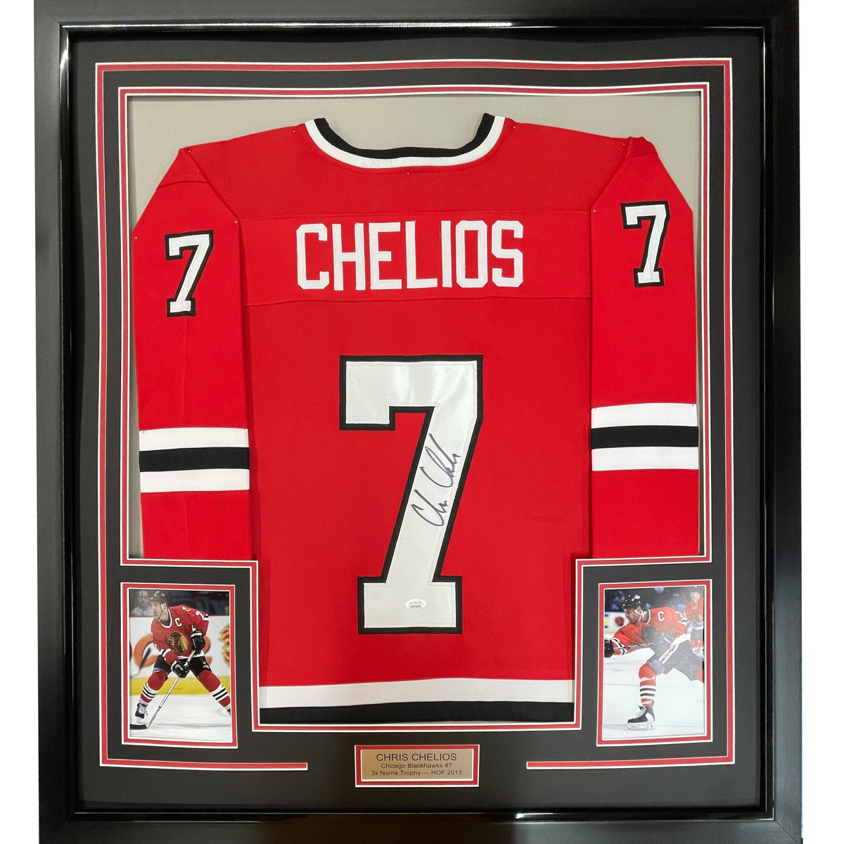 Framed Autographed/Signed Chris Chelios 35x39 Chicago Red Hockey Jersey JSA COA