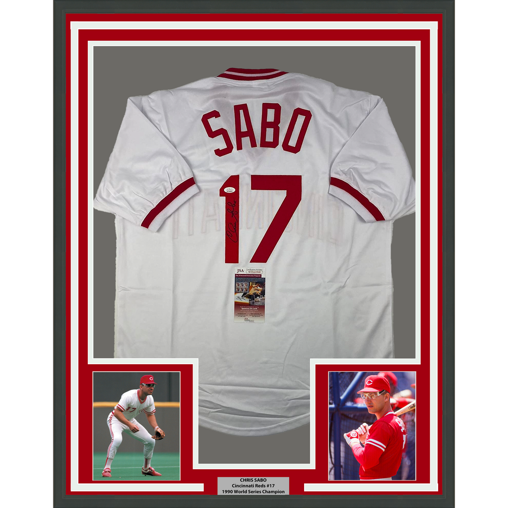 Framed Autographed/Signed Chris Sabo 35x39 Cincinnati White Baseball Jersey JSA COA