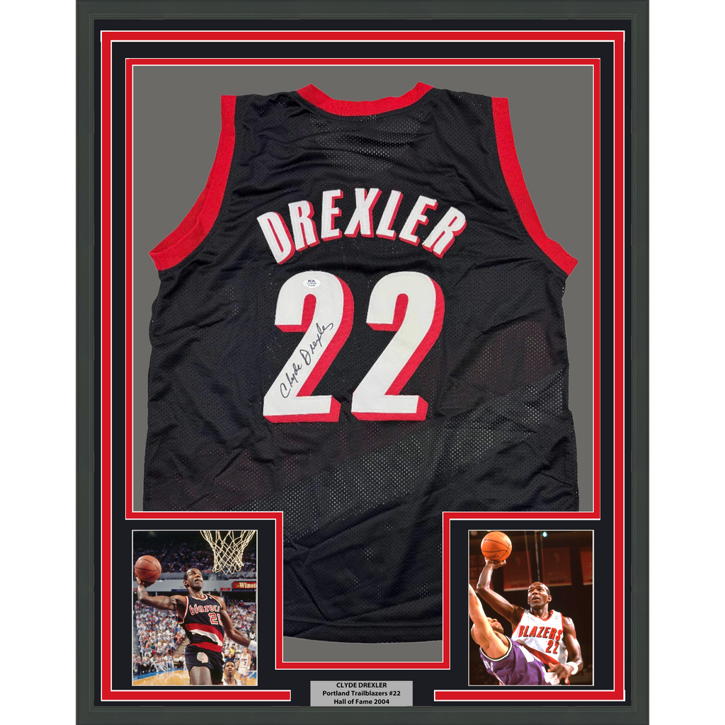 Framed Autographed/Signed Clyde Drexler 35x39 Portland Black Basketball Jersey PSA COA