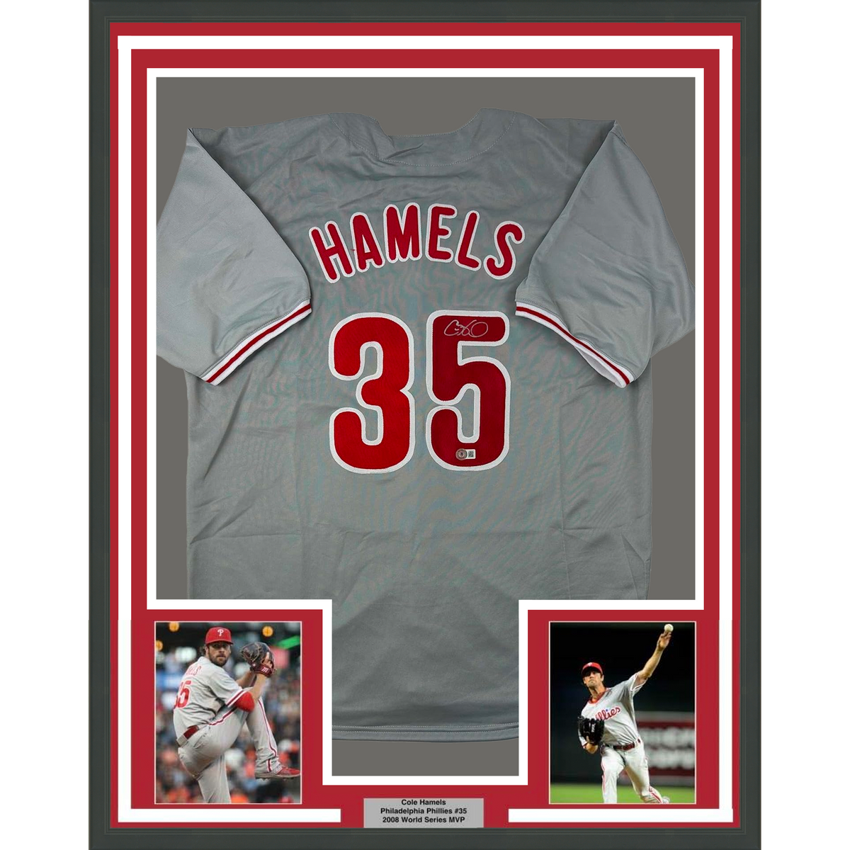 Framed Autographed/Signed Cole Hamels 35x39 Philadelphia Grey Baseball Jersey Beckett BAS COA