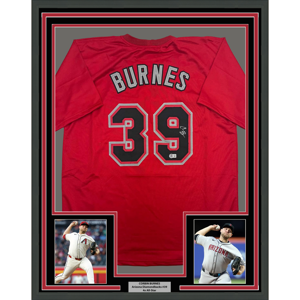 Framed Autographed/Signed Corbin Burnes 35x39 Arizona Red Baseball Jersey Beckett BAS COA