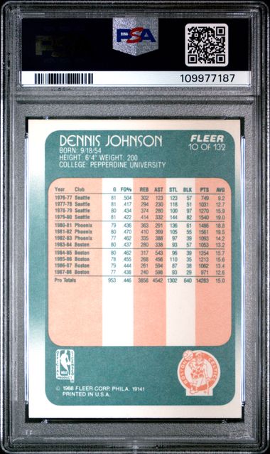 Graded 1988 Fleer Dennis Johnson #10 Basketball Card PSA 7 Near Mint