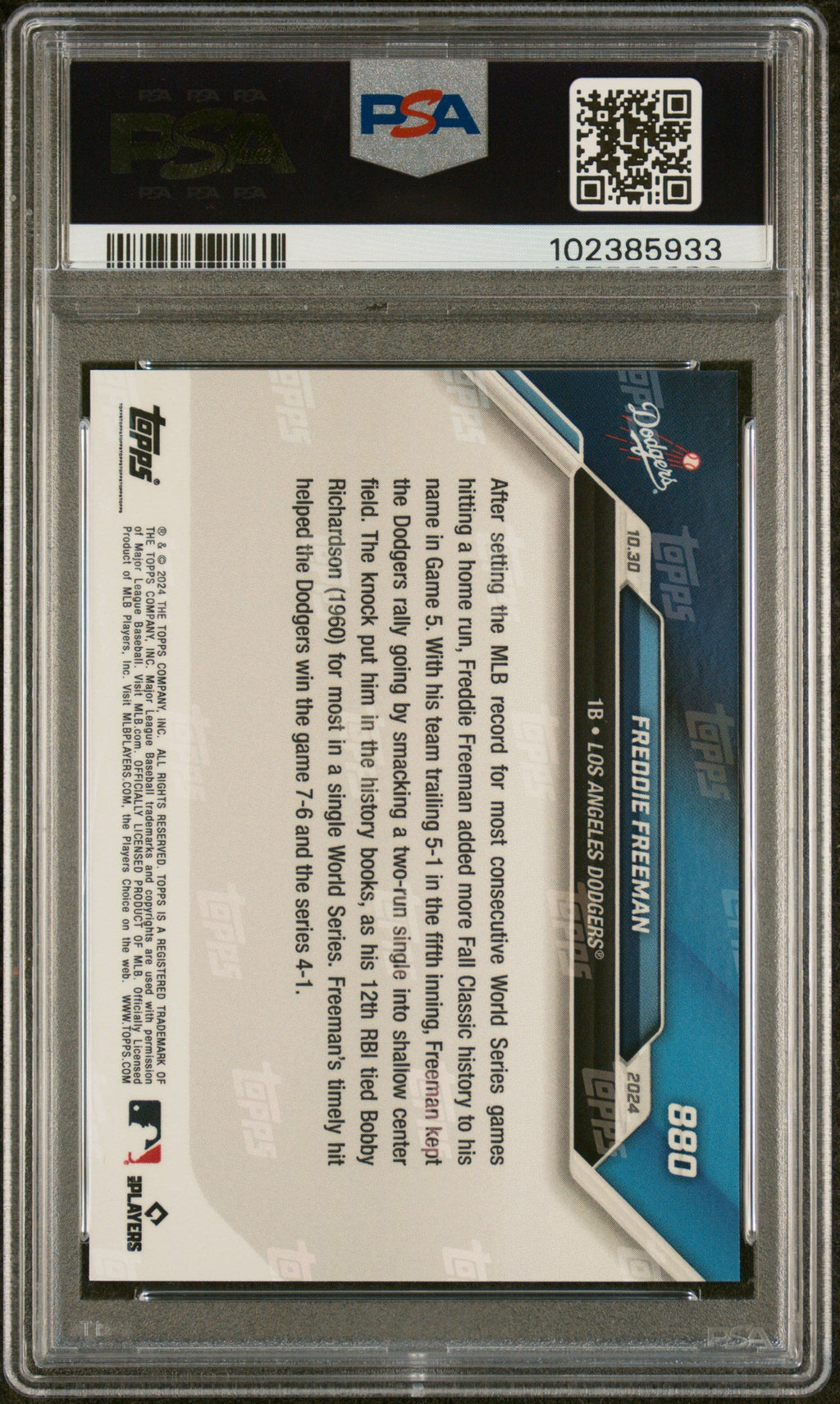 Graded 2024 Topps Now Freddie Freeman #880 Baseball Card PSA 10 Gem Mint