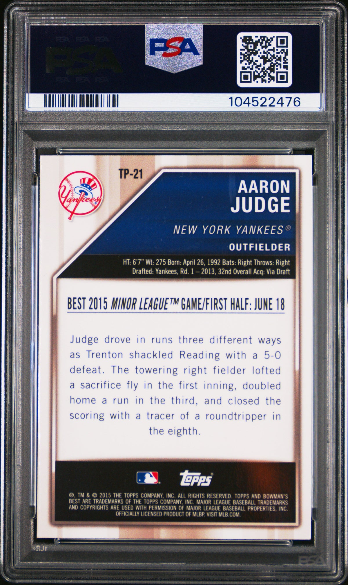 Graded 2015 Topps Bowmans Best Aaron Judge #TP21 Top Prospects Rookie RC Baseball Card PSA 10 Gem Mint
