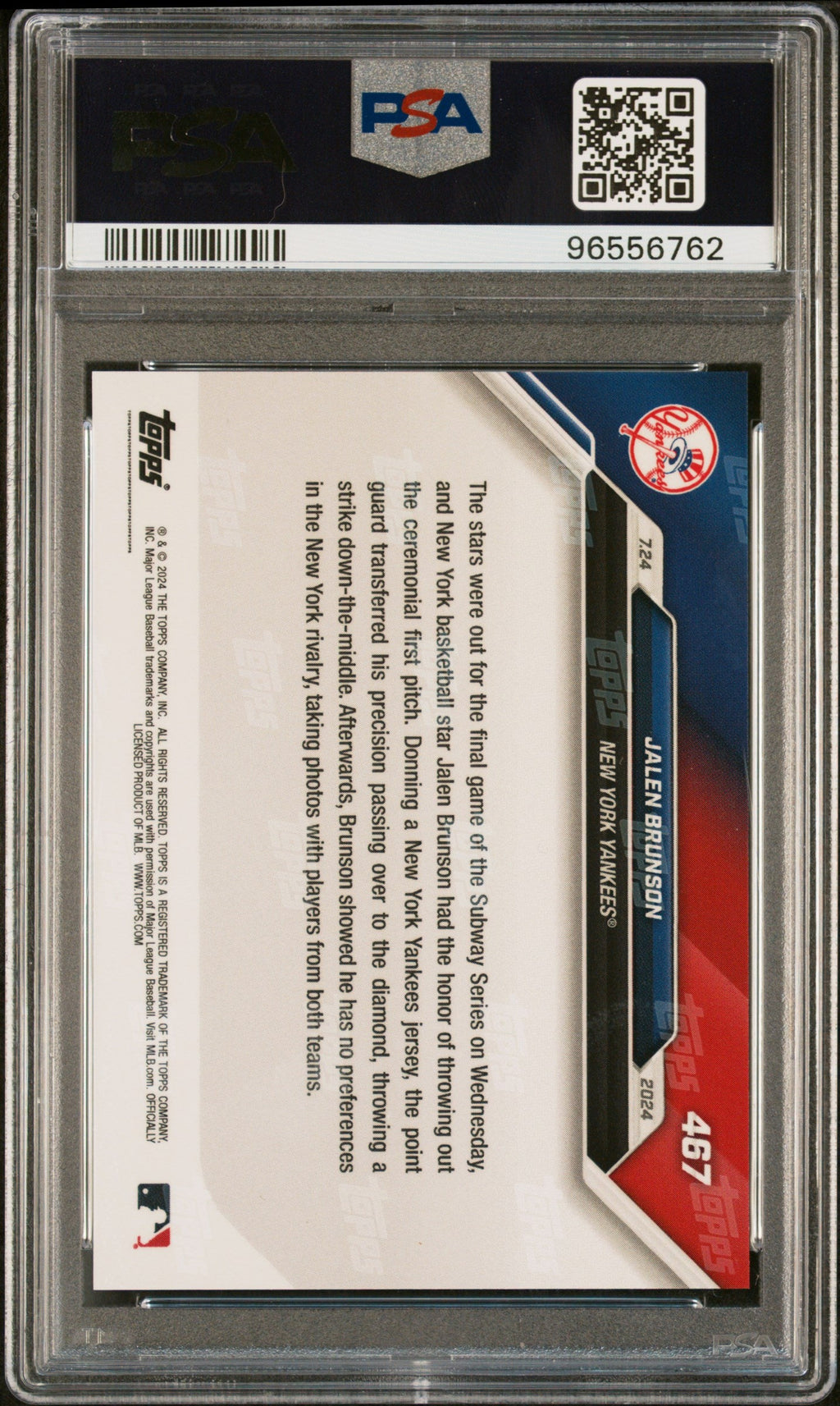 Graded 2024 Topps Now Jalen Brunson #467 Baseball Card PSA 10 Gem Mint
