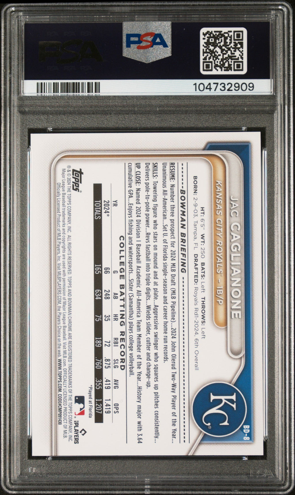 Graded 2024 Topps Bowman Draft Jac Caglianone #BD8 Rookie RC Baseball Card PSA 10 Gem Mint