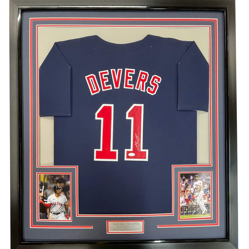Framed Autographed/Signed Rafael Devers 35x39 Boston Blue Baseball Jersey JSA COA