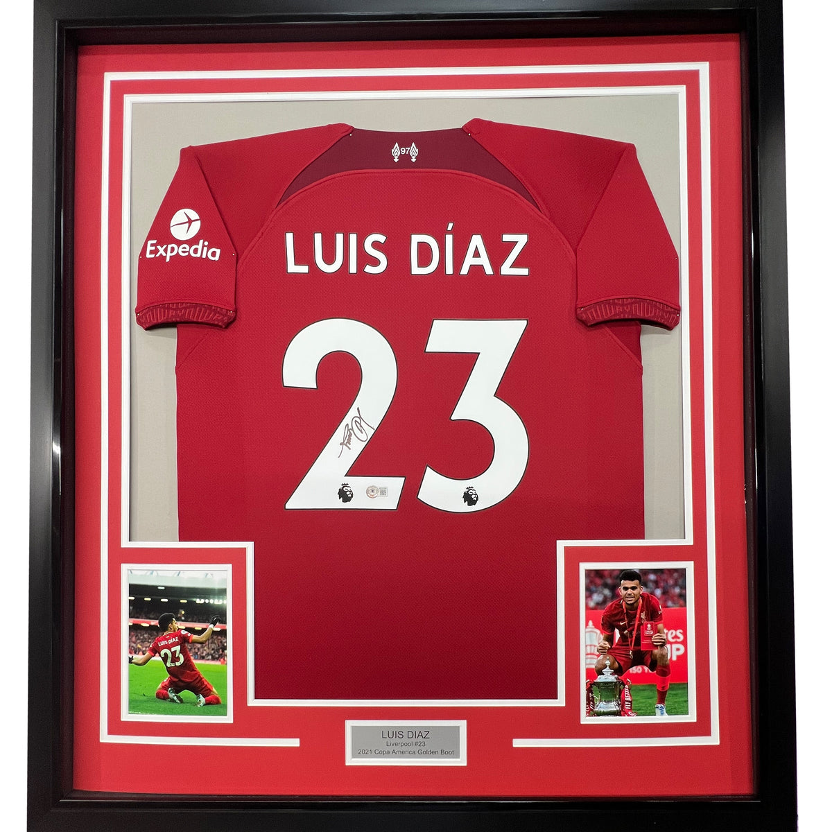Framed Autographed/Signed Luis Diaz 35x39 Liverpool Red Soccer Jersey Beckett BAS COA