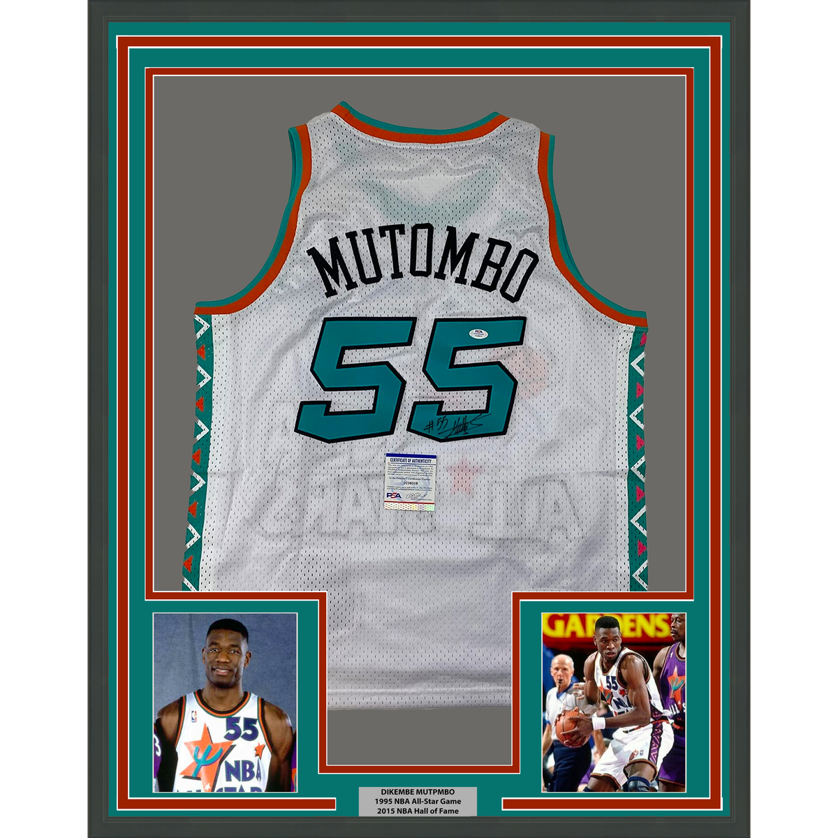Framed Autographed/Signed Dikembe Mutombo 35x39 1995 All-Star Game White Authentic Basketball Jersey PSA/DNA COA