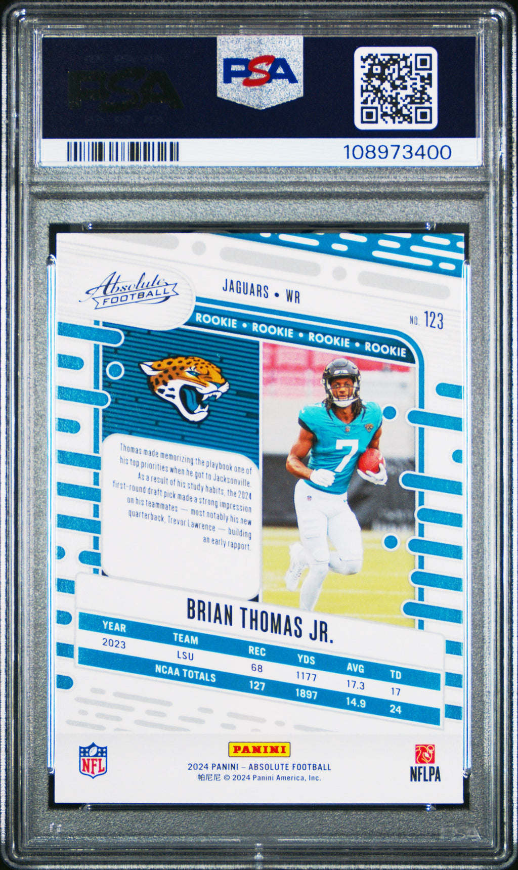 Graded 2024 Panini Absolute Brian Thomas Jr #123 Rookie RC Football Card PSA 10 Gem Mint