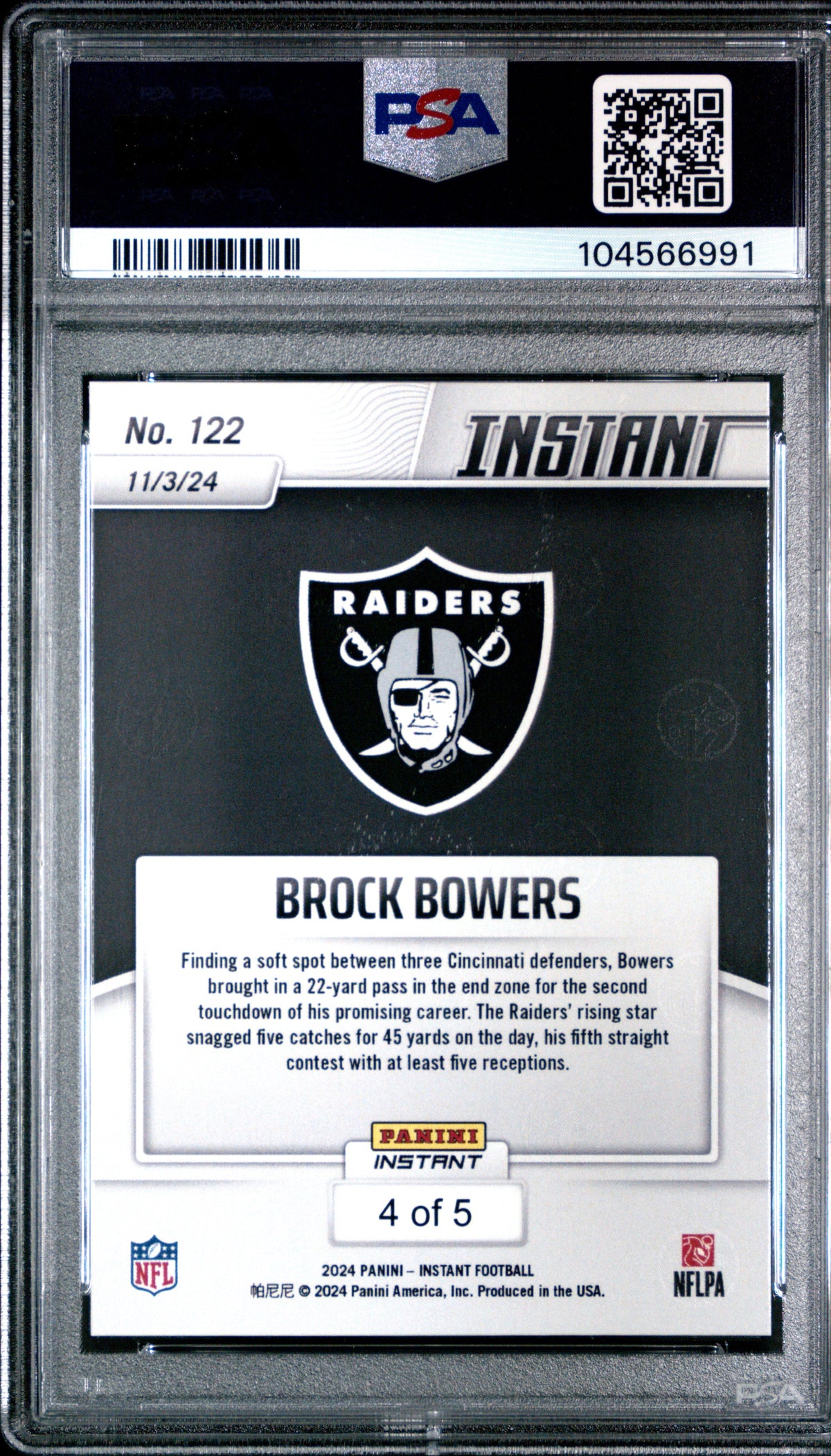 Graded 2024 Panini Instant NFL Brock Bowers #122 White Tiger /5 Rookie RC Football Card PSA 9 Mint