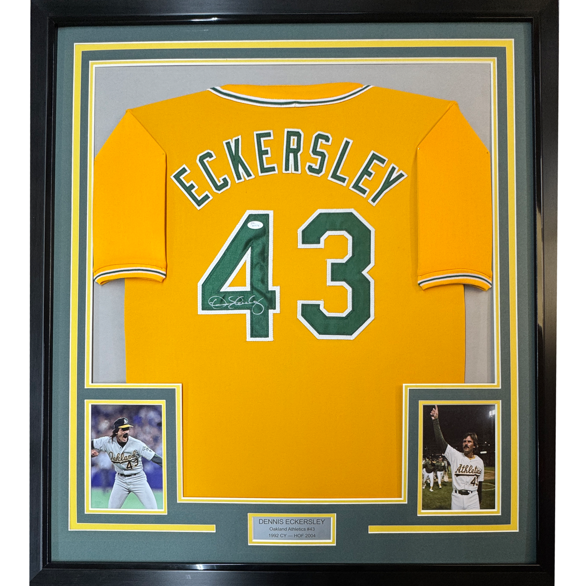 Framed Autographed/Signed Dennis Eckersley 35x39 Oakland Yellow Baseball Jersey JSA COA