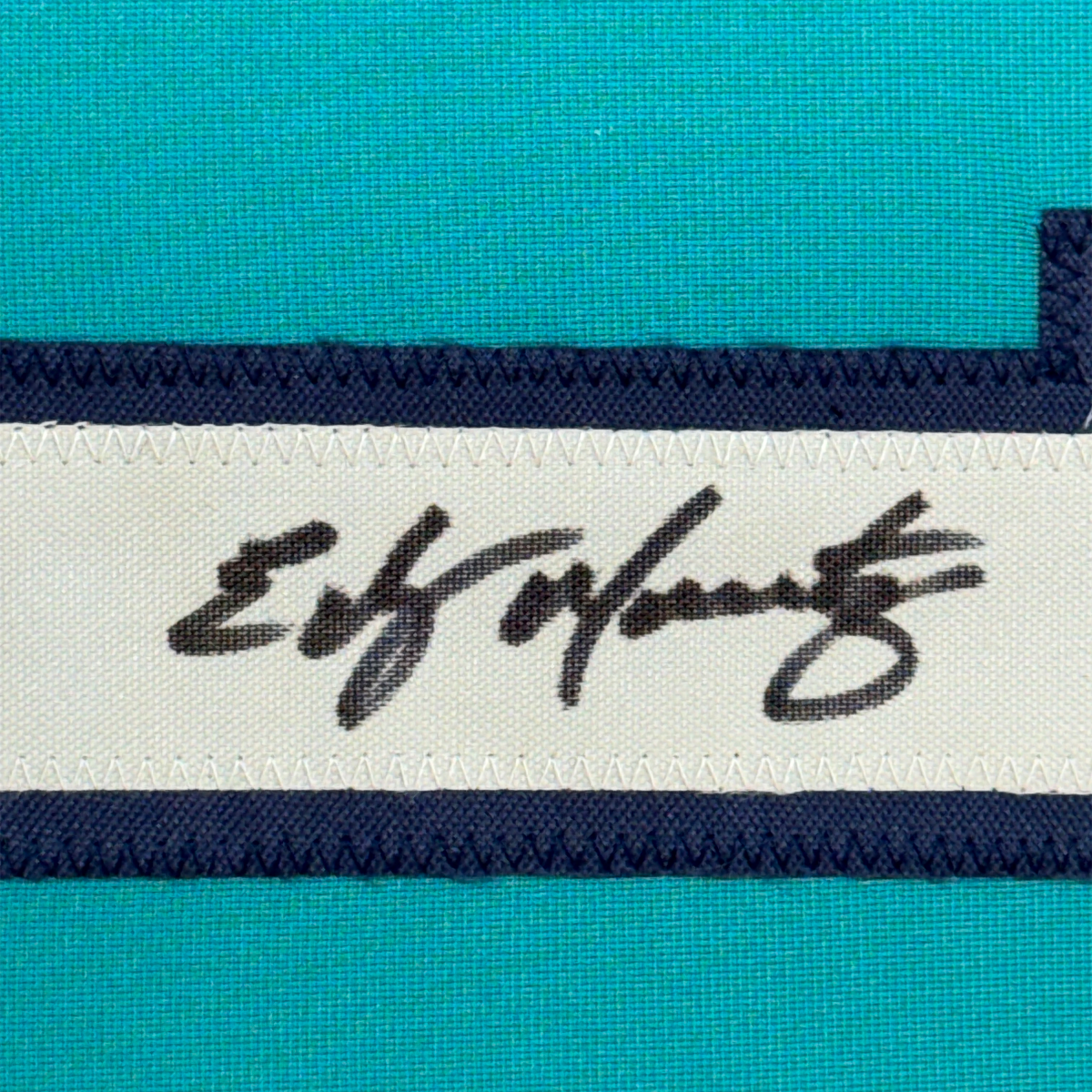 Framed Autographed/Signed Edgar Martinez 35x39 Seattle Teal Baseball Jersey JSA COA