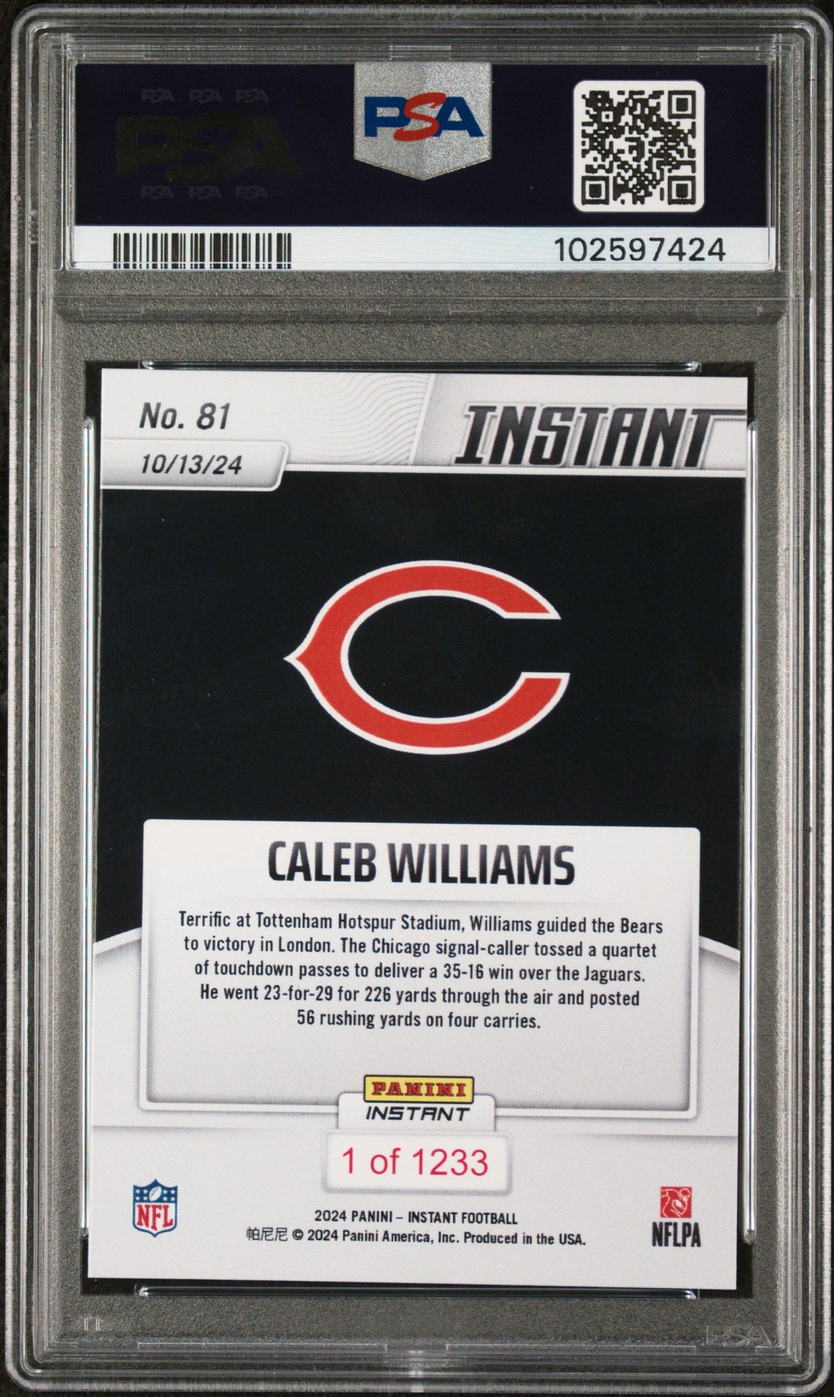 Graded 2024 Panini Instant NFL Caleb Williams #81 Rookie RC Football Card PSA 8 Near Mint