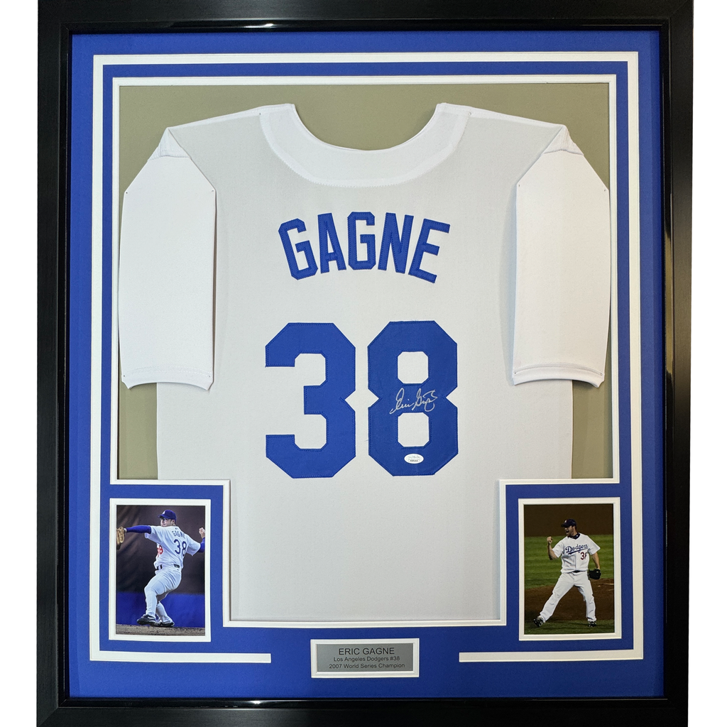 Framed Autographed/Signed Eric Gagne 35x39 Los Angeles LA White Baseball Jersey JSA COA