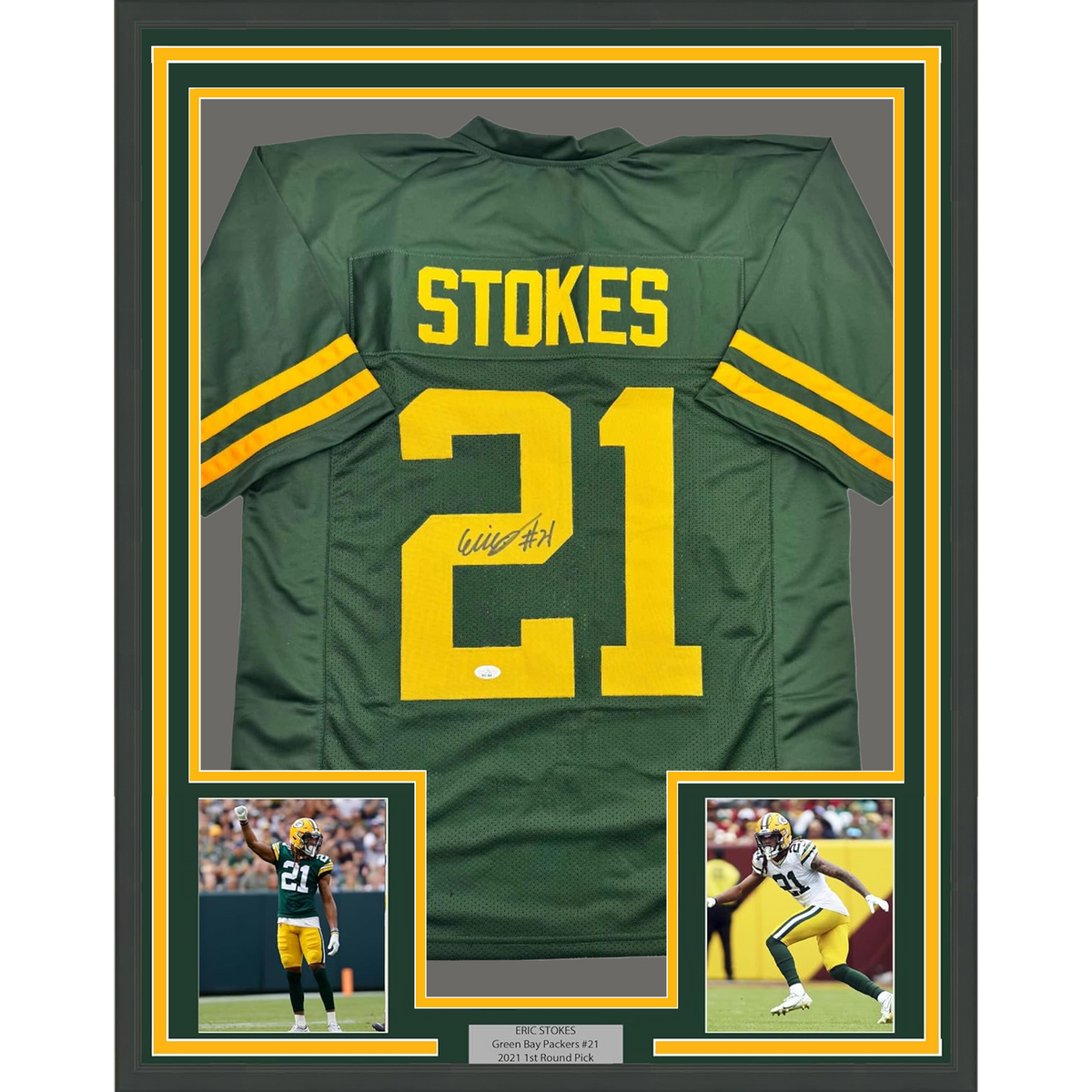 Framed Autographed/Signed Eric Stokes 35x39 Green Bay Color Rush Football Jersey JSA COA