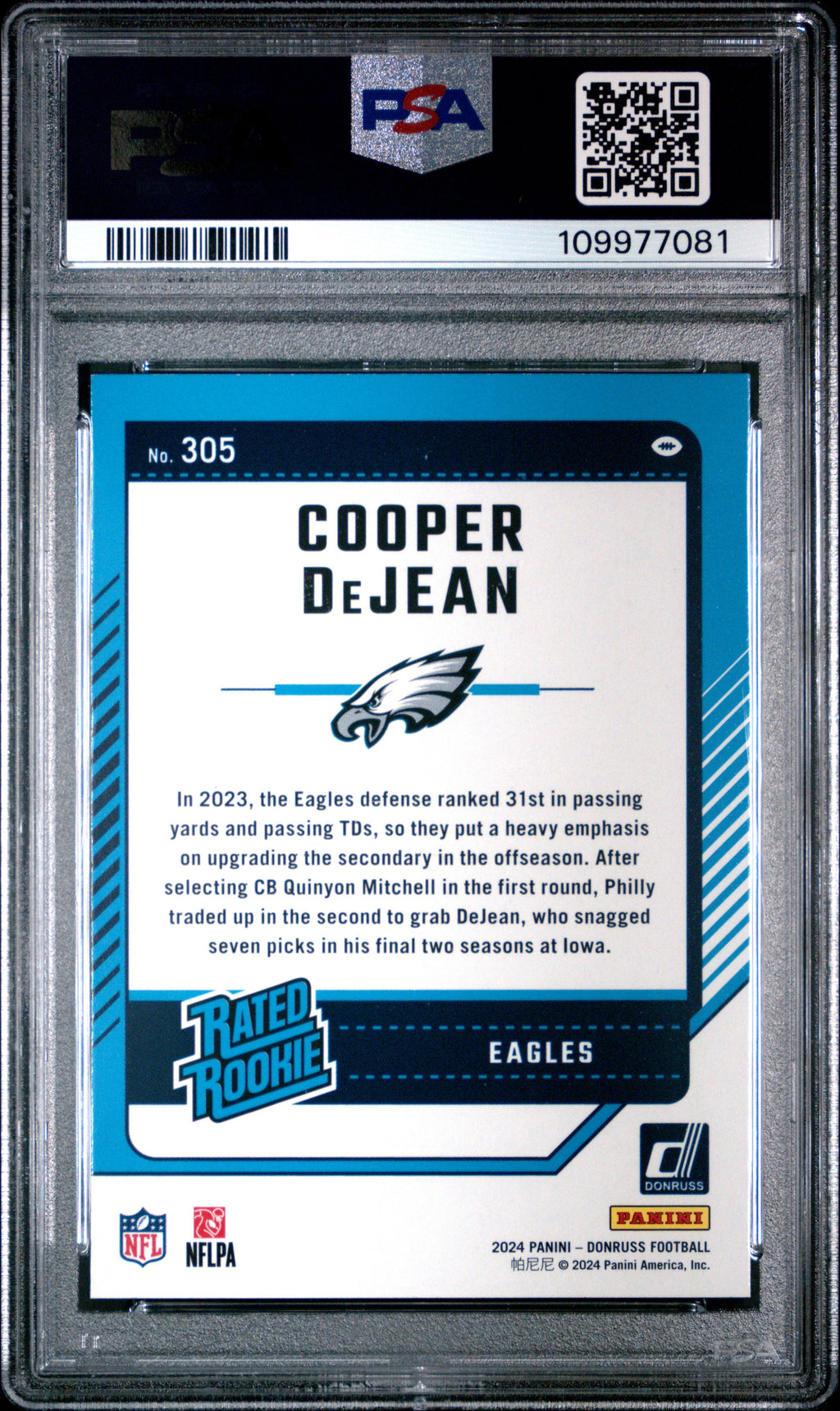Graded 2024 Panini Donruss Cooper DeJean #305 Rookie RC Football Card PSA 8 Near Mint